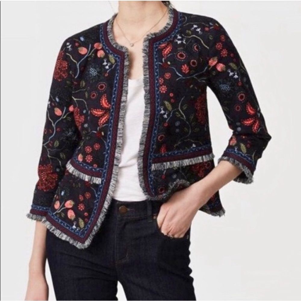 LOFT Primavera Embroidered Fringe Jacket size 10 Black Floral Blazer Open Front